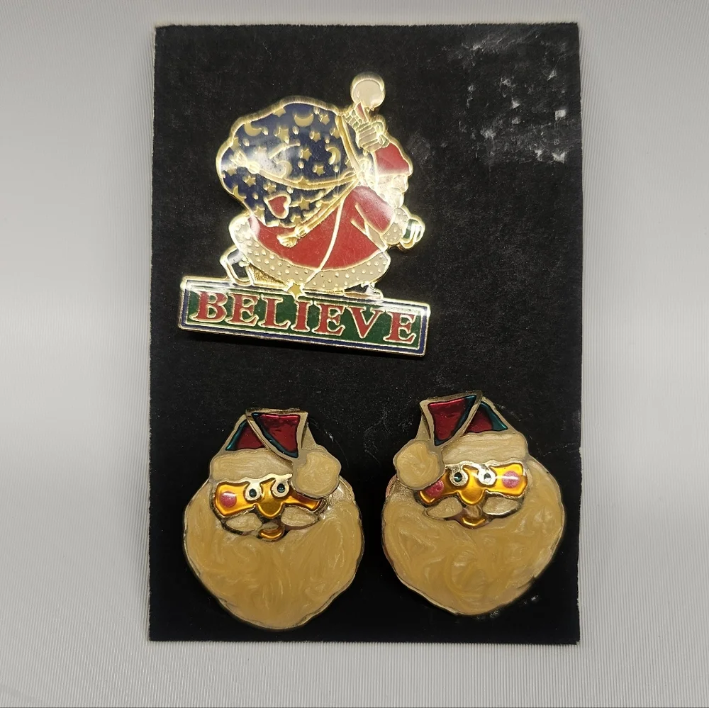 Mary Engelbreit Enamel Lapel Pin Christmas And Vintage Santa Earrings Lot